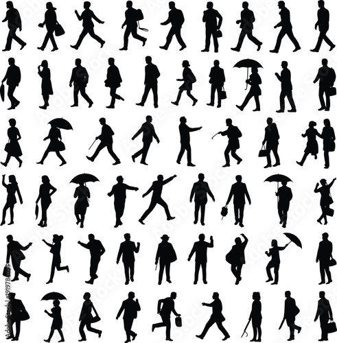 Collection of diverse walking people silhouettes in various poses, men and women urban pedestrians isolated on white background, lifestyle movement vector illustration set