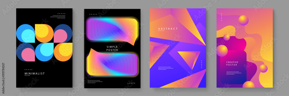 Fototapeta premium A collection of four high energy posters featuring 3D spheres fluid organic shapes and bright neon gradients for modern brand identities