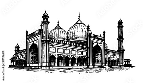 Jama Masjid Delhi Vintage Engraving Style Mughal Mosque Line Art Vector