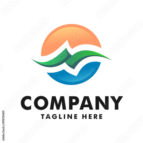 Nature Landscape Circle Logo with Sun and Waves