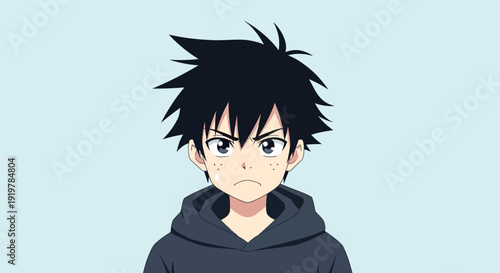 Anime style young man with spiky black hair and angry expression.