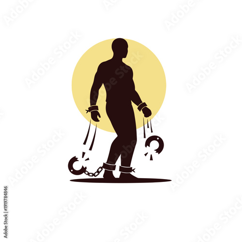 Silhouette of a man breaking free from shackles with a yellow sun in the background.