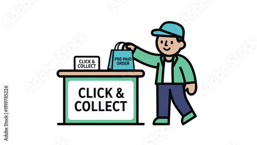 Click & Collect service. Cartoon person picking up a pre-paid online order from a counter. E-commerce, retail, pickup concept.