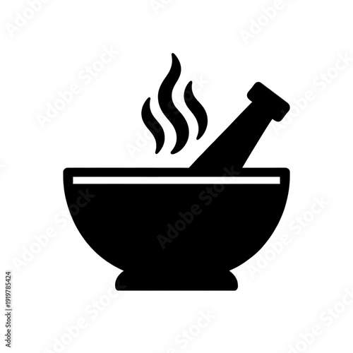 Mortar And Pestle Line Icon With Steam