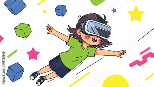 Happy child in VR headset flying through a colorful virtual world with geometric shapes. Kids' immersive technology experience.