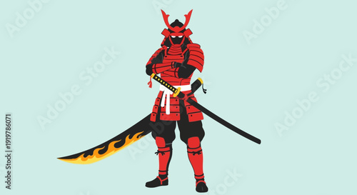 Illustration of a samurai warrior in red armor holding a sword.