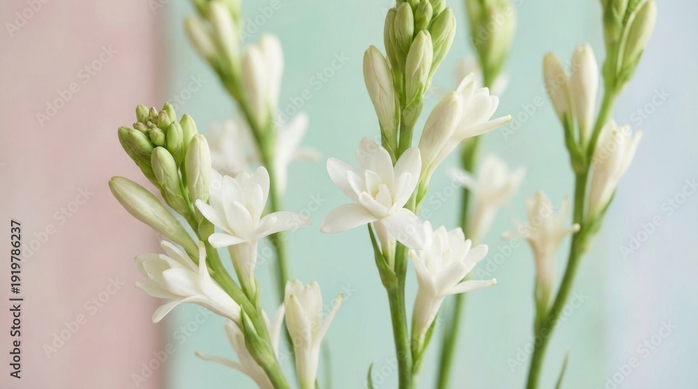 Fototapeta premium Delicate white tuberose flowers with green buds on pastel background