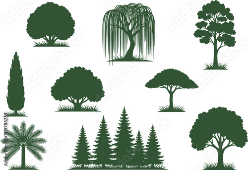 Set of various green tree silhouettes including deciduous, coniferous, weeping willow, palm, and cypress isolated on a white background for landscape design elements.