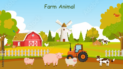 A colorful cartoon farm scene with animals buildings and vegetation
