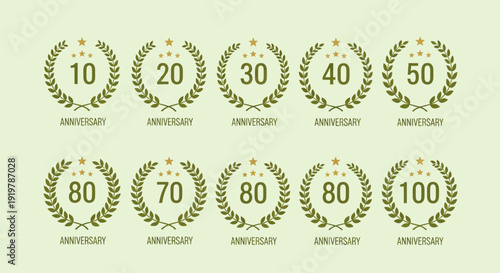 Anniversary celebration badges with laurel wreaths and stars in various years.