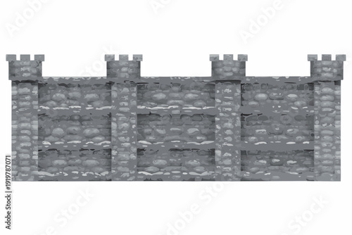 A grayscale pixelated castle wall with multiple crenellations is displayed
