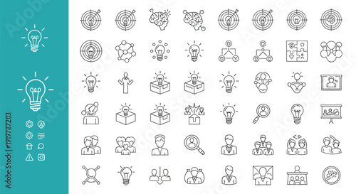 A collection of business and technology icons in a flat line art style