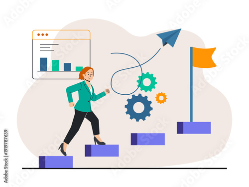 A businesswoman is climbing a set of stairs towards a goal flag, symbolizing career advancement or reaching a business target.  Skill building illustration. Flat vector illustration.