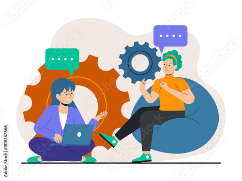 Two women in a collaborative work environment or business concept involving team discussions and brainstorming. Skill building illustration. Flat vector illustration.