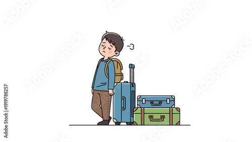Exhausted Young Traveler with Luggage. Tired Person Waiting with Suitcases, Illustrating Travel Fatigue or Delayed Trip.