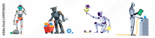 Diverse applications of artificial intelligence and automation featuring robots performing thinking, repairing, gardening, and charging tasks, showcasing future technology.