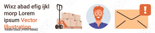 Shipping, logistics, warehouse management, communication, email notifications, delivery services. A pallet jack with boxes, a worker and an envelope with an alert symbol. Logistics and notifications