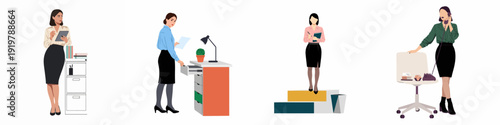 Illustrations of Businesswomen at Work: Professional Productivity and Communication in Modern Office Settings, showcasing various tasks from digital planning to phone calls.