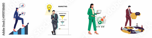 Business strategy and marketing concepts featuring growth, analytics, idea generation, sales funnel, digital commerce, customer targeting, communication, and team collaboration.