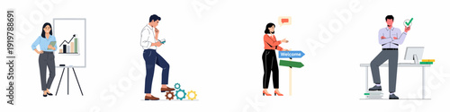 Diverse business professionals collaborate on growth, strategy, problem-solving, and achieving success. A modern flat illustration showcasing various aspects of the corporate world.