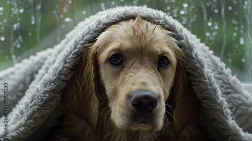 Adorable wet puppy covered in a cozy blanket on a rainy day looking at