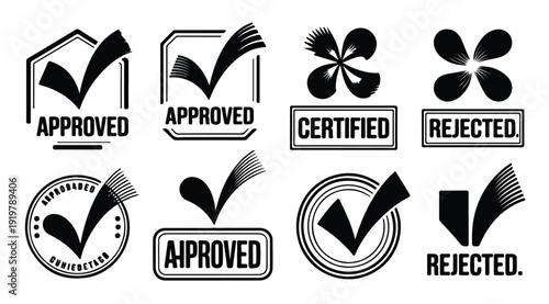 Collection of approved, certified, and rejected stamp icons with various check and x marks