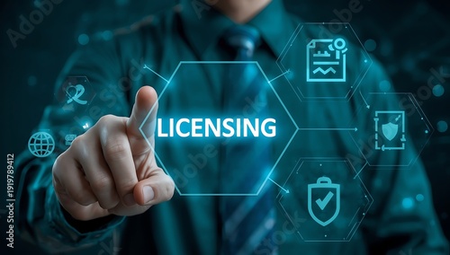 Businessman selecting licensing button on digital interface for legal certification and intellectual property rights concept