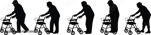 Elderly man walking with walker silhouette set, senior progression stages illustration, aging process concept isolated on white background, black minimalist vector design