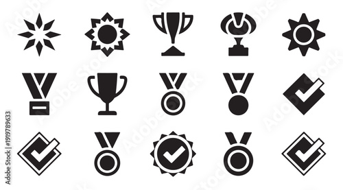 Collection of star, trophy, medal, and check mark icons, symbolizing achievement and success