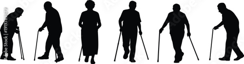 Elderly people silhouette collection vector illustration, senior men and women walking with cane, aging and mobility support concept isolated on white background, black minimalist design