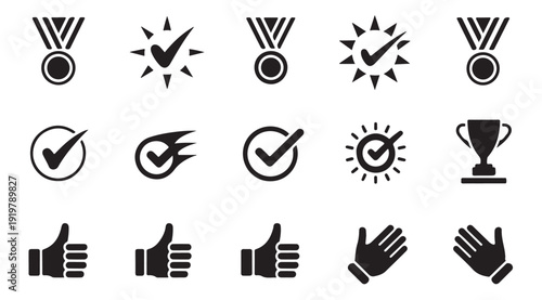 Award and achievement icons medals trophies thumbs up and applause vector graphics
