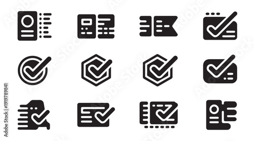 Document verification and approval icons for quality control and identity validation tasks
