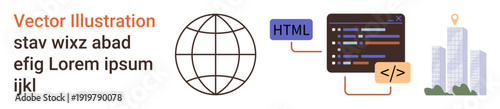 Web development, programming, coding education, digital tools, online media, technology evolution. A globe, code snippet HTML tag icon and buildings. Web development and programming