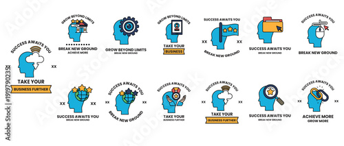 The image is a series of blue heads with various icons and text