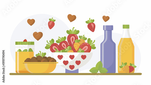 A colorful still life featuring strawberries hearts and beverage bottles