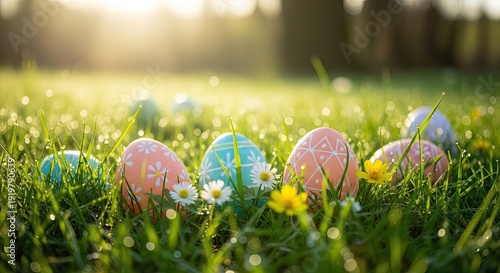 Easter eggs on a grassy field with a sun shining through the background.