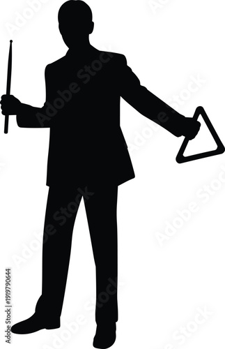 Triangle player silhouette vector illustration, male musician holding drumstick and percussion instrument, live music performance concept isolated on white background, black minimalist design