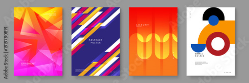 A professional set of four abstract posters featuring geometric shapes, vibrant gradients, and minimalist typography for modern corporate or artistic events