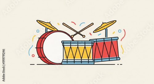 Colorful drum set with cymbals and confetti on cream background musical instruments for party and celebration