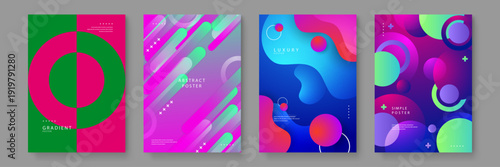 Comprehensive set of four posters featuring bold green pink circles diagonal lines blue liquid blobs and dark purple geometric art