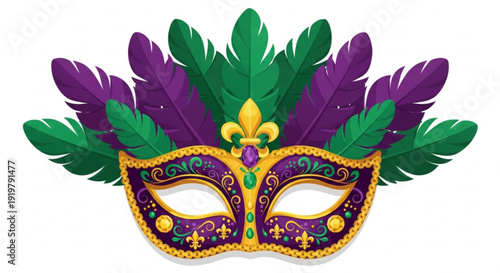 Vibrant mardi gras mask with purple feathers and gold accents on white background for carnival celebrations