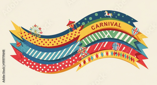 Vibrant carnival banner with colorful ribbons and festive designs on cream background