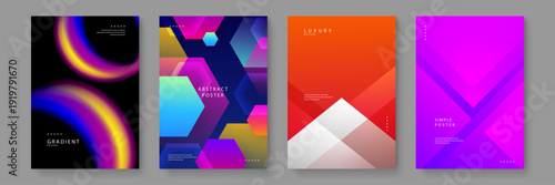 Collection of four premium abstract poster designs featuring colorful fluid gradients and sharp geometric hexagon shapes for contemporary branding and interior decor