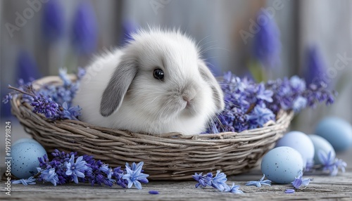 Fluffy young lagomorph rests inside a woven container surrounded by purple blossoms and blue speckled orbs