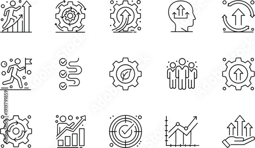 Business growth line icons set, performance success strategy teamwork analytics vector illustration isolated white background management concept