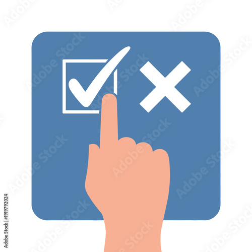 Finger selecting a checkmark option on a digital interface showing a positive choice.