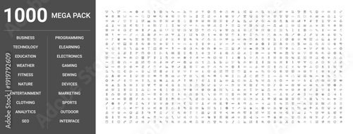 1000 premium vector icons mega pack. Business, technology, education, weather, fitness, nature & more. Complete EPS line icon collection for web, app & graphic design projects.