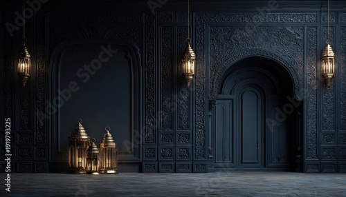 Ornate dark blue interior space features glowing antique brass lanterns creating a moody ambiance