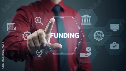Businessman in red shirt touching virtual Funding interface for startup investment financial growth and capital raising concept.