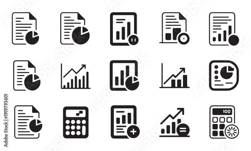 Analytics report icon set, financial audit document, pie chart and data analysis symbols